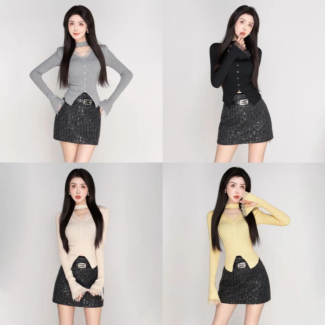 毛妮Peshe【纯欲性感风】v领蕾丝拼接单排扣针织衫内搭毛衣L1185