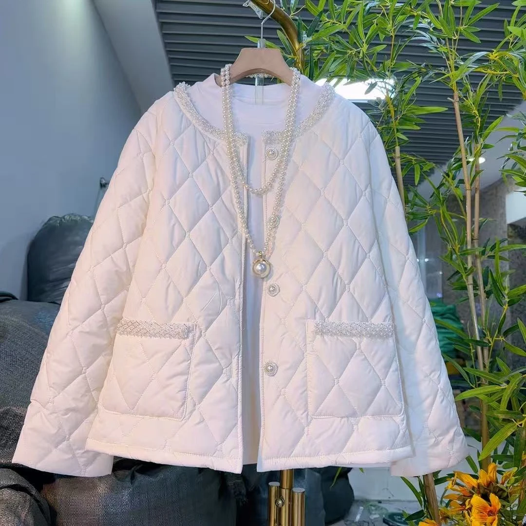 欧货时尚菱形格轻薄钉珠花边棉服大码女装轻便小香风冬季款0823