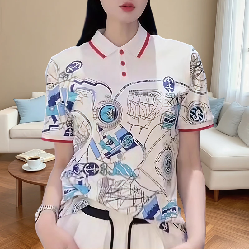 轻奢高端polo衫短袖女款设计感印花小众女装百搭显瘦T恤纯棉上衣