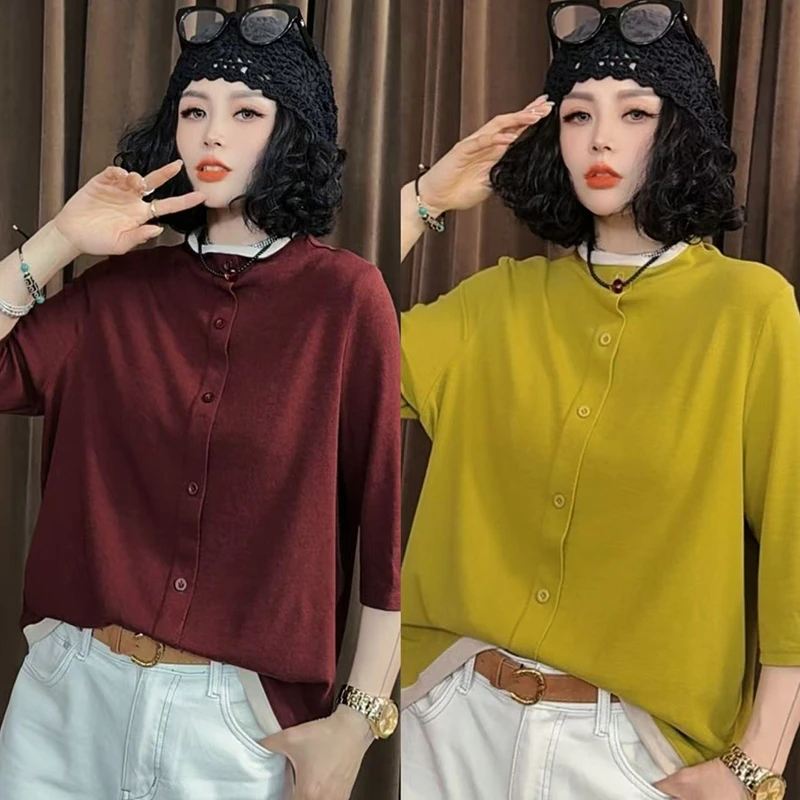 2025年春季单排扣休闲T恤女时尚宽松大码百搭韩版上衣-1220