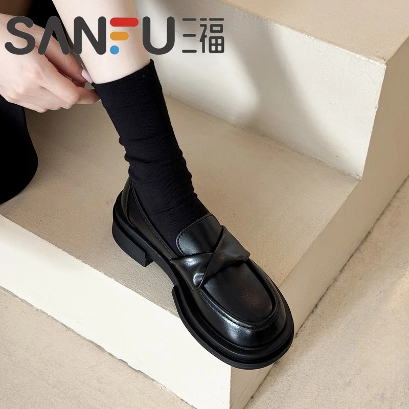 三福2025新款增高jk厚底乐福鞋女英伦风小皮鞋女一脚蹬懒人鞋女配