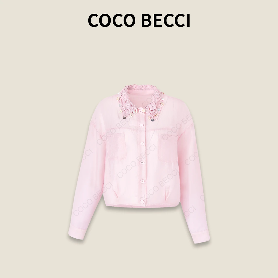 COCO BECCI【桃粉】天丝亚麻春夏通勤显瘦拼接珠片衬衫CFYLS11A0003