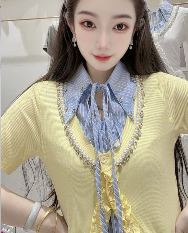 2025年夏季新款重工钉珠短袖衬衫女设计感小众木耳边假两件上衣T