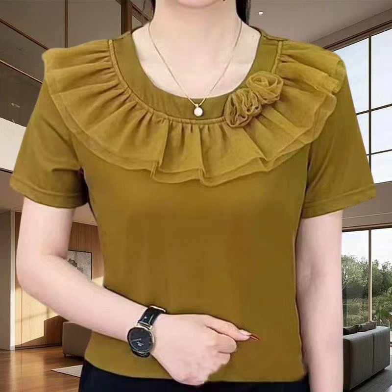 夏季显瘦洋气设计时尚圆领荷叶短袖纯色气质百搭减龄上衣
