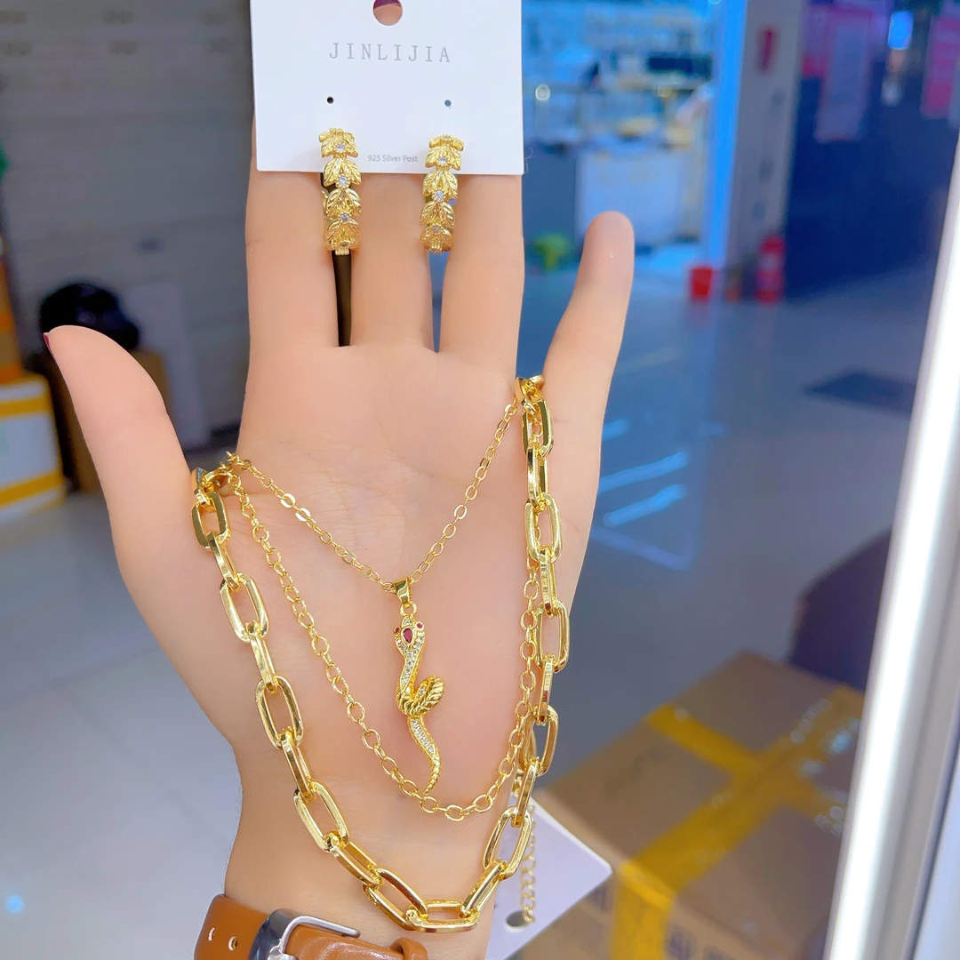 铜合金项链 1482新款两件套首饰耳环项链爆款白搭时尚金色