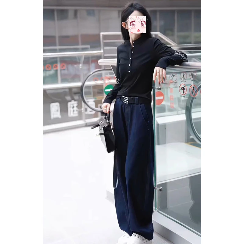 2025秋季韩版显瘦设计感半开领长袖T恤打底衫高腰直筒裤子两件套