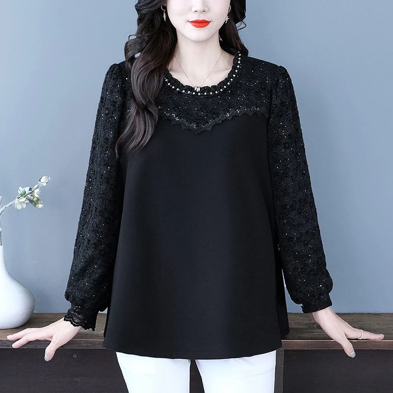 大码女装拼接蕾丝圆领宽松秋季洋气秋季时尚外穿上衣YC251319