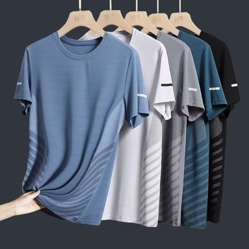夏季新款男士冰丝短袖t恤薄款休闲宽松大码运动体恤圆领速干上衣