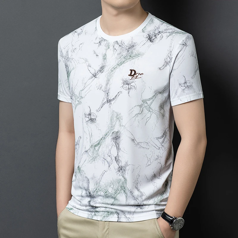 保罗男士冰丝短袖t恤时尚高端品质绣花圆领印花汗衫慵懒风男装