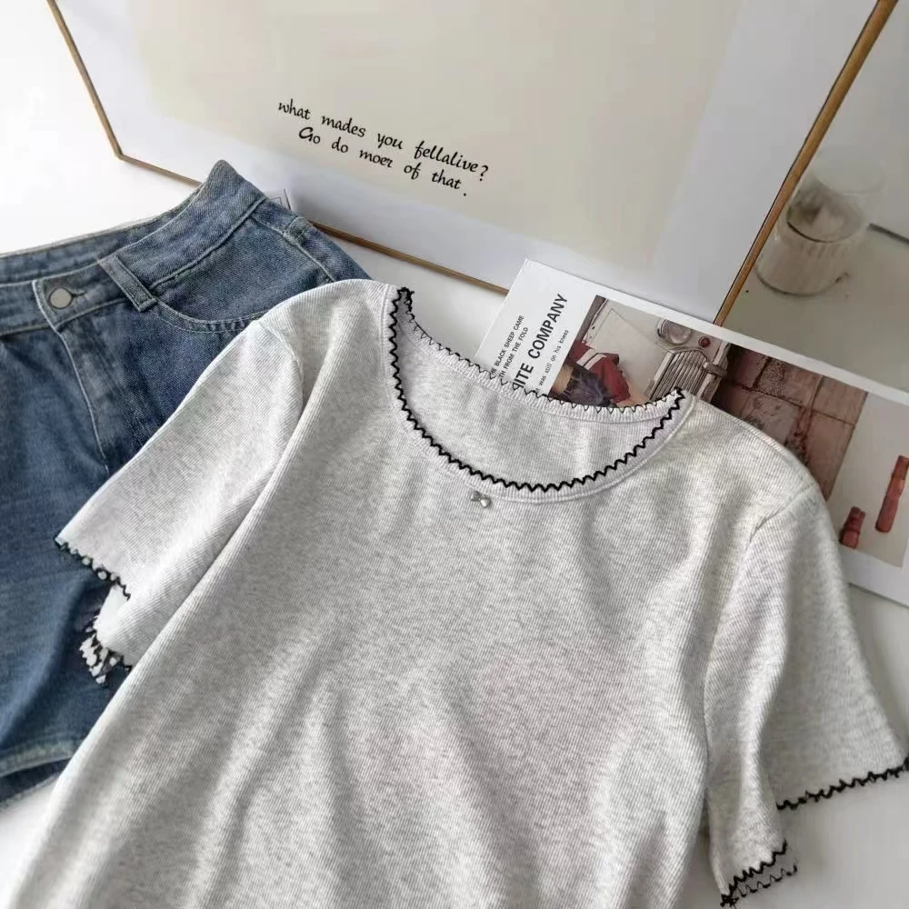 夏季新款圆领撞色包边蝴蝶结装饰短袖T恤