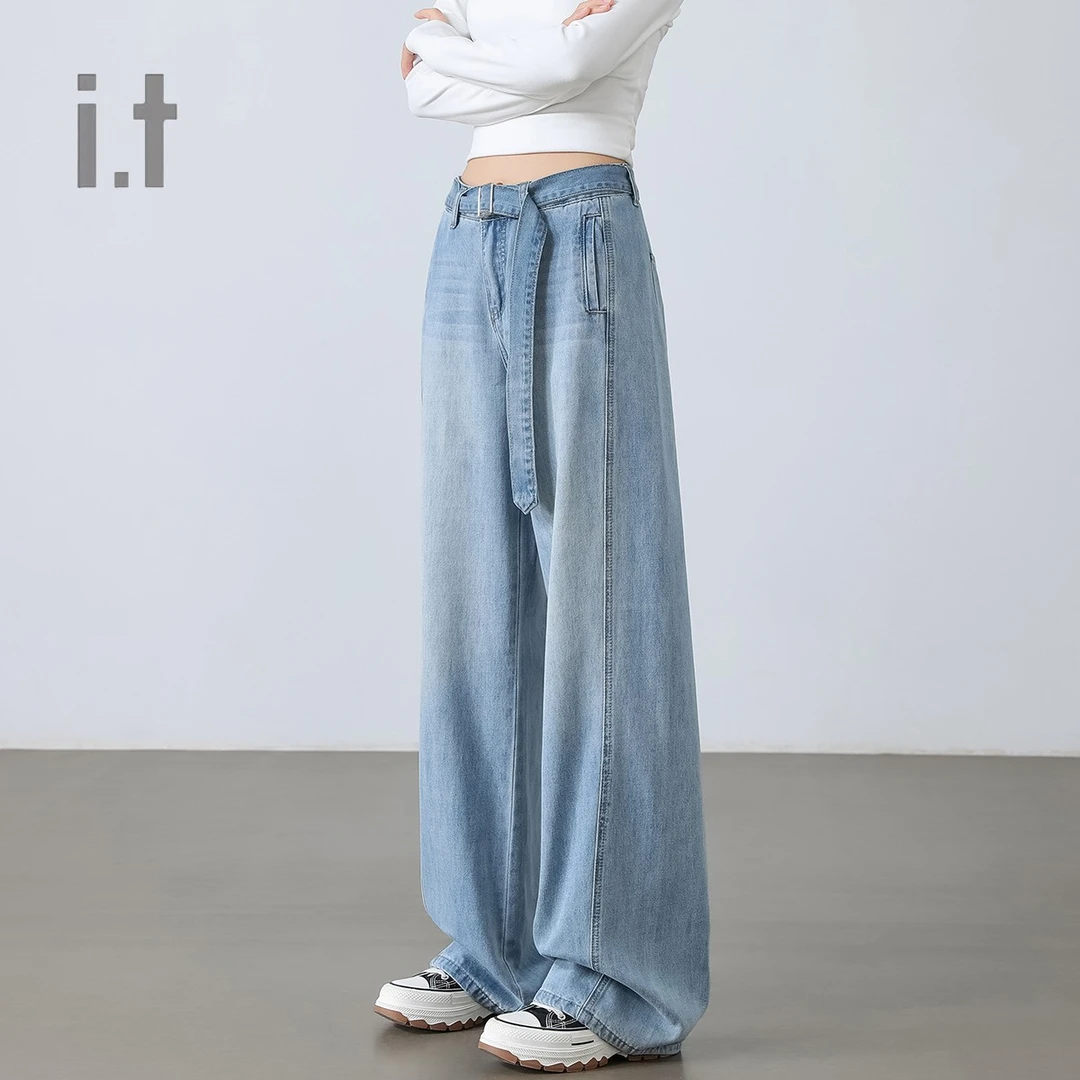 CHOCOOLATE小众设计高腰阔腿牛仔裤春季浅色休闲垂感拖地裤百搭