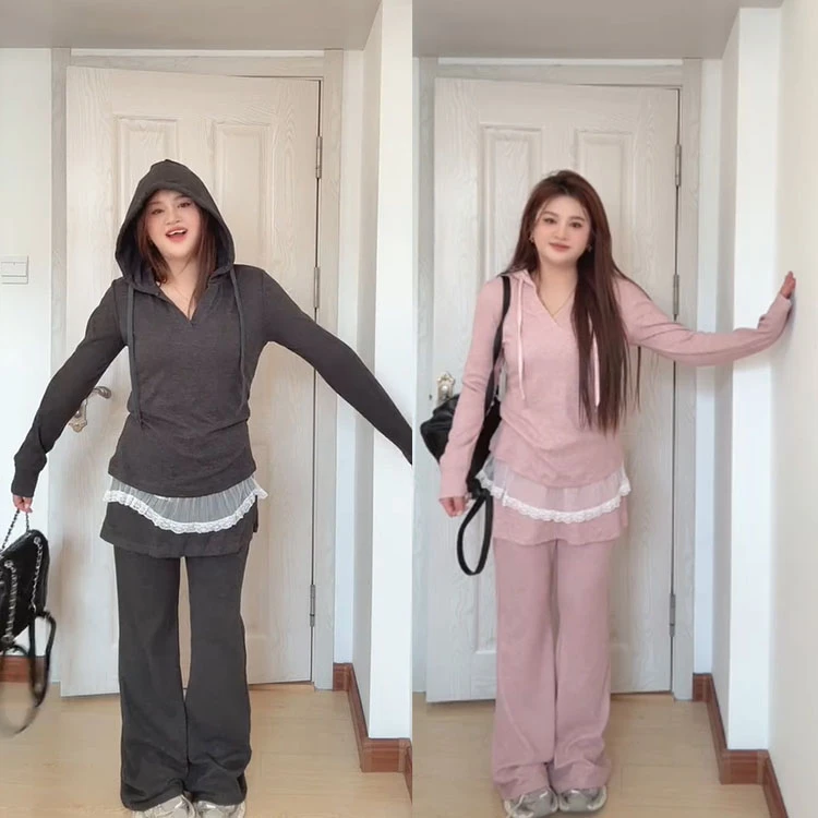 2025大码女装蕾丝拼接连帽上衣遮屁帘喇叭裤套装小众显瘦气质套装