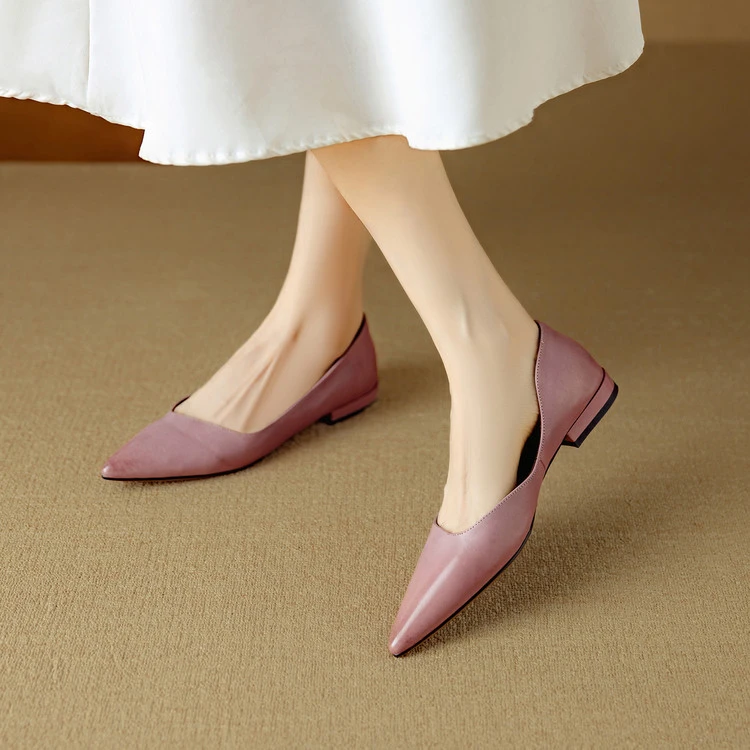 头层牛皮~1.5cm紫色尖头浅口单鞋女低跟平底鞋气质不累脚软底女鞋