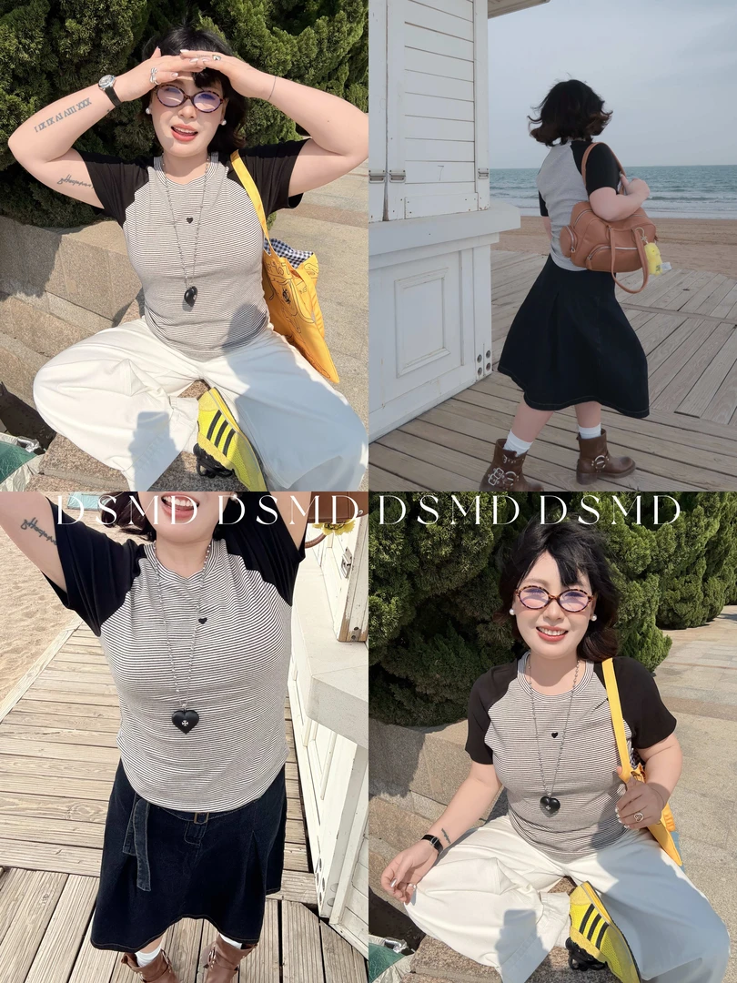 条纹爱心短袖丨D S M D丨大码条纹短袖T恤