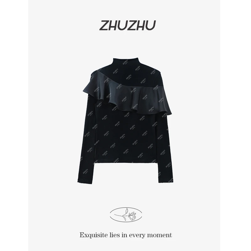 【米兰格调】春季新款半高领长袖T恤女百搭设计感打底衫上衣9910