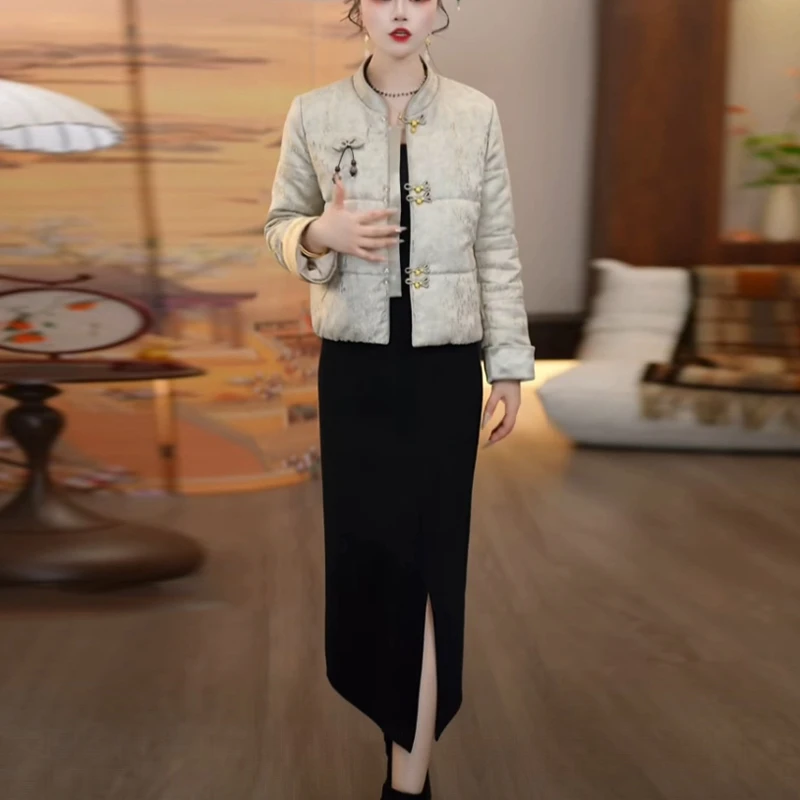 绫罗缎夹棉加厚保暖套装裙2025秋冬季新款中式国风两件套连衣裙子