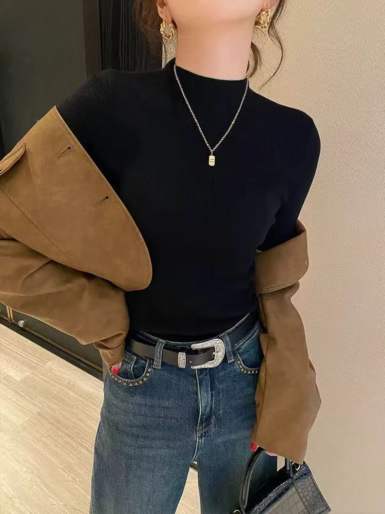 套头款半高领修身网红常规款上衣毛衣毛针织衫休闲风长袖