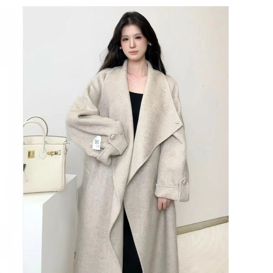 【忆千万专属】秋冬时尚阔版立领系带长款双面手驼绒大衣女