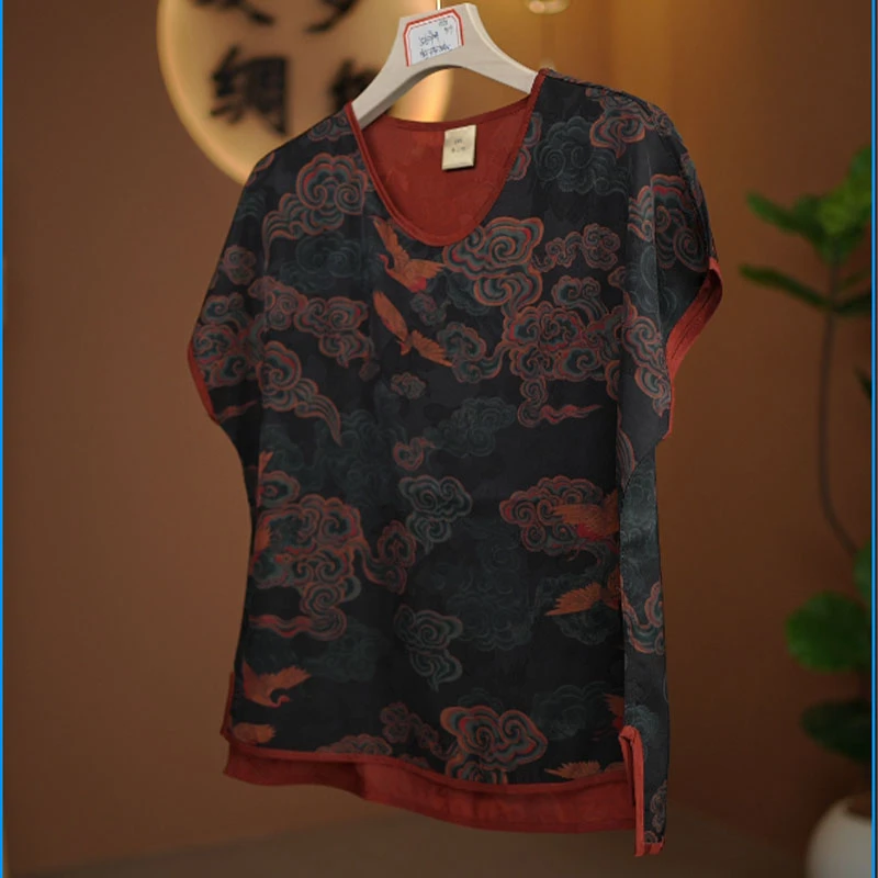 2503款夏季高端气质重磅花萝小衫双面复古显瘦-3宽松时尚半袖印花