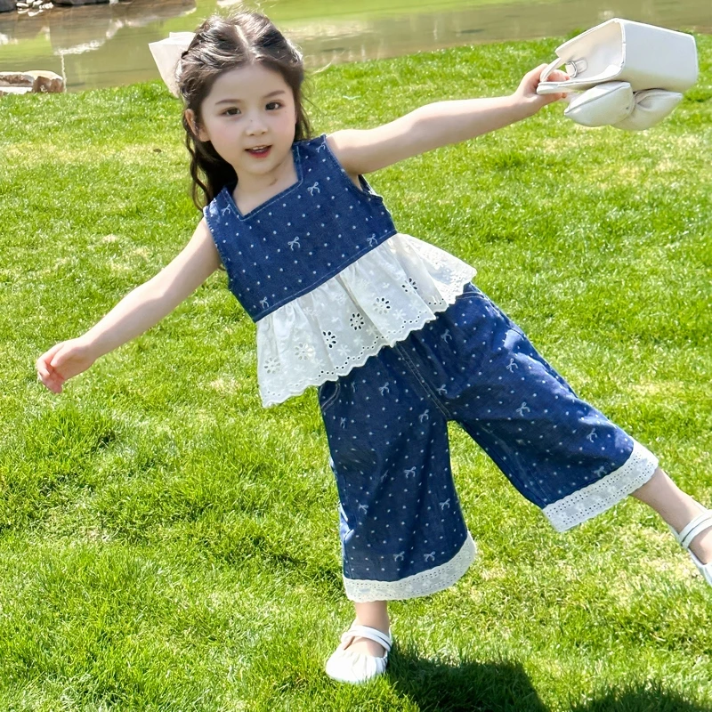 女童薄款牛仔套装洋气儿童背心阔腿裤两件套女孩宝宝夏装2025新款
