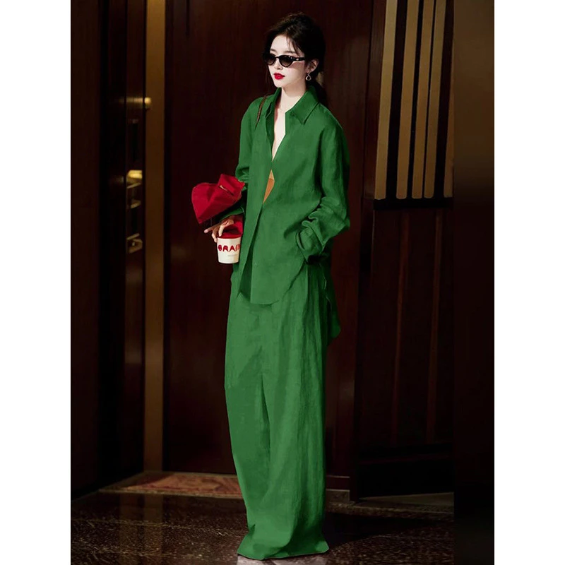 多巴胺高端绿色仿亚麻套装女夏季减龄洋气薄款防晒衬衫阔腿裤松弛