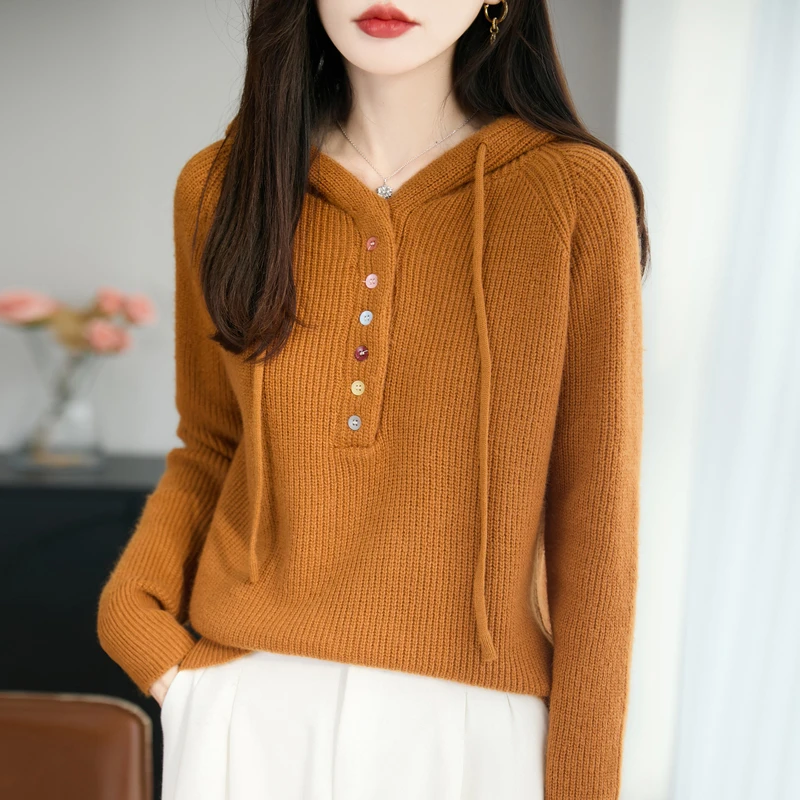 【齐姐专属】高级感彩扣连帽浣熊绒女加厚针织休闲减龄帽衫宽松秋冬