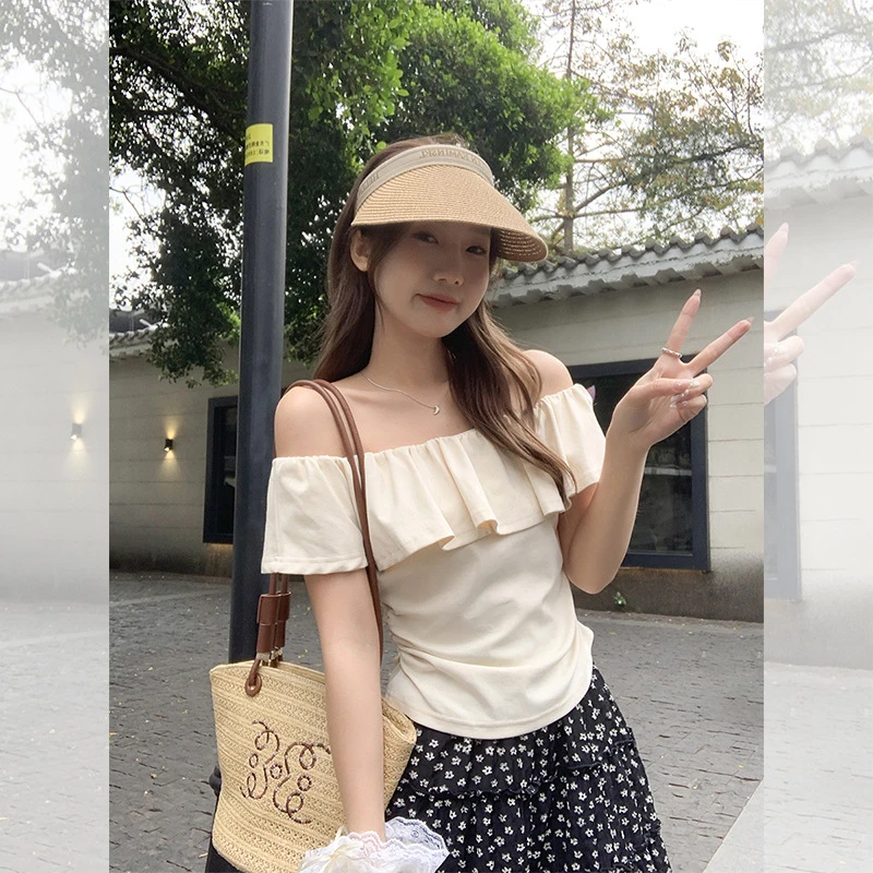 荷叶边一字领露肩设计感短袖T恤女夏季新款褶皱收腰显瘦小众上衣