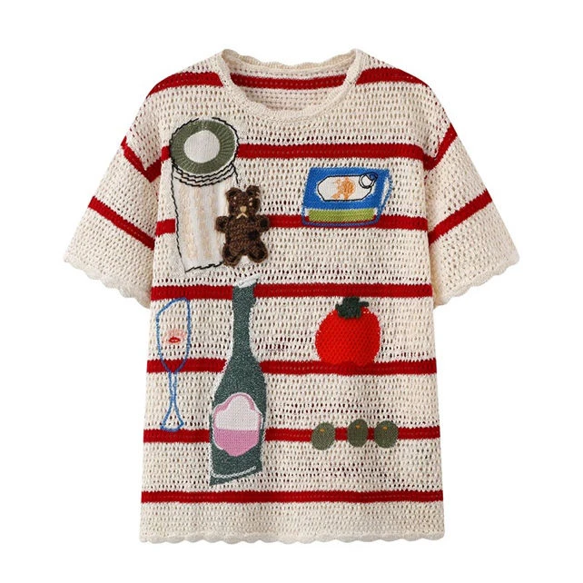 欧洲站欧货2025年夏季新款小众设计师款手勾手绣短袖针织T恤宽松