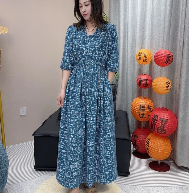 法式气质收腰显瘦绵绸连衣裙中袖V领时尚优雅长裙春夏新款