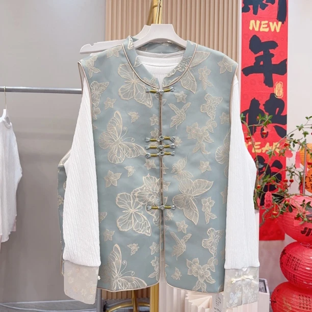 胖胖家*新款蝴蝶立体盘扣马甲美人条打底两件套