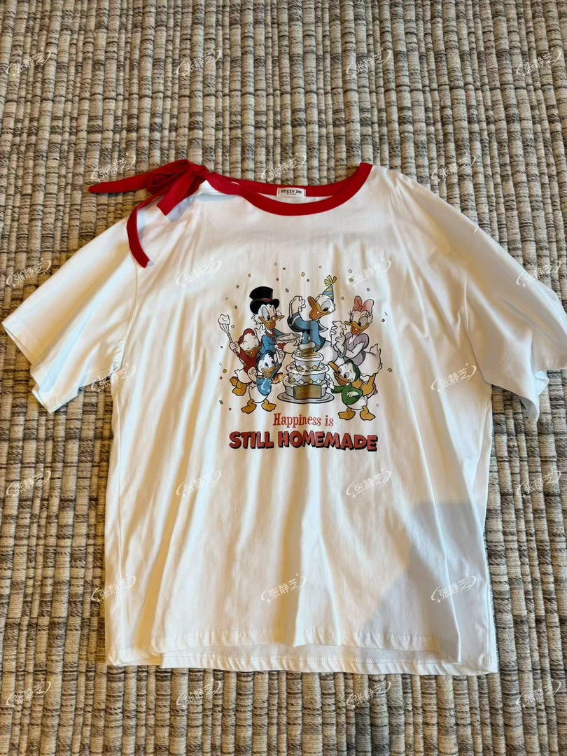 【张静芝】卡通鸭子印花撞色系带短袖T恤