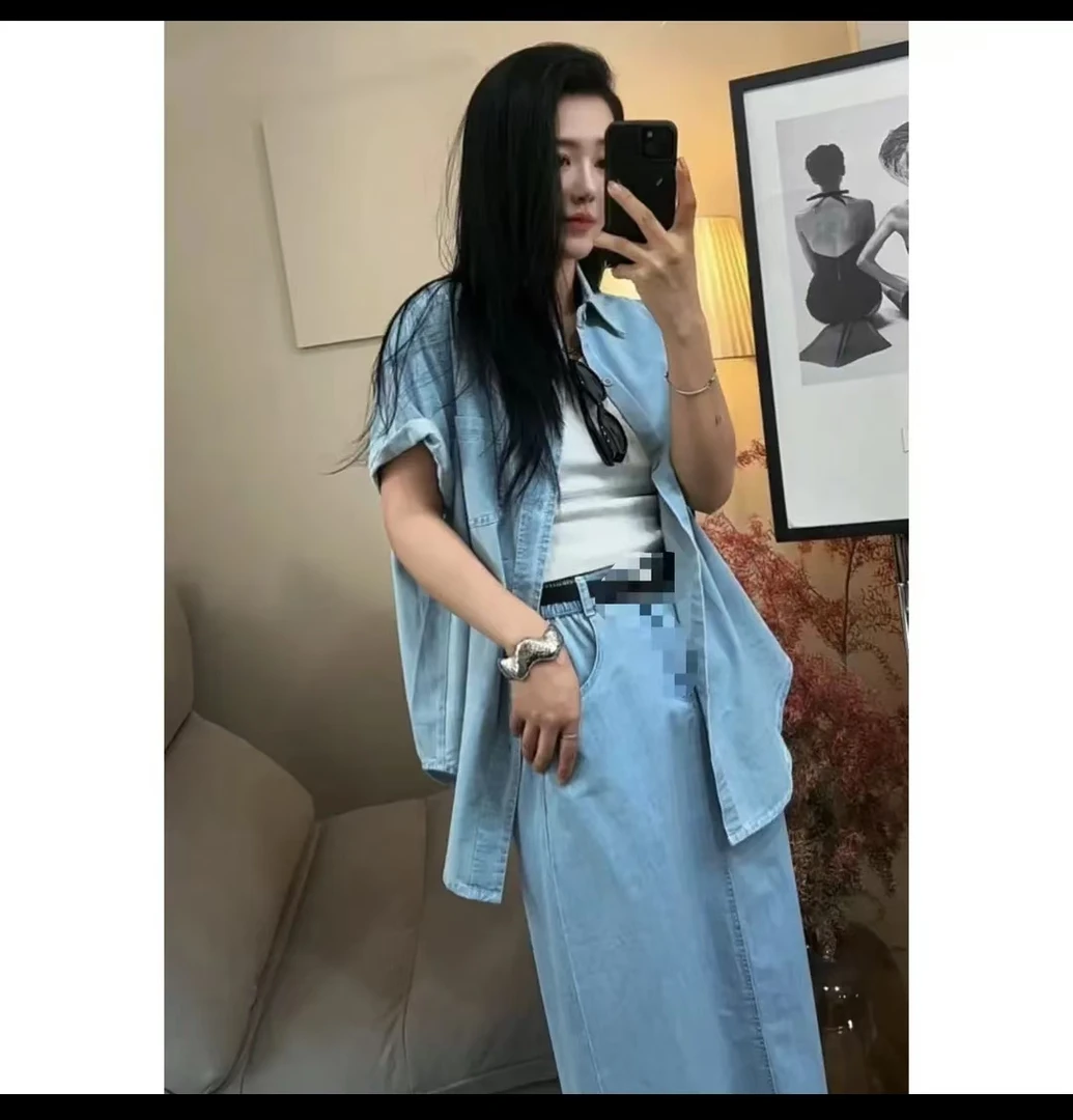 港风复古牛仔套装裙女装夏季新款高级感短袖衬衫高腰半身裙两件套