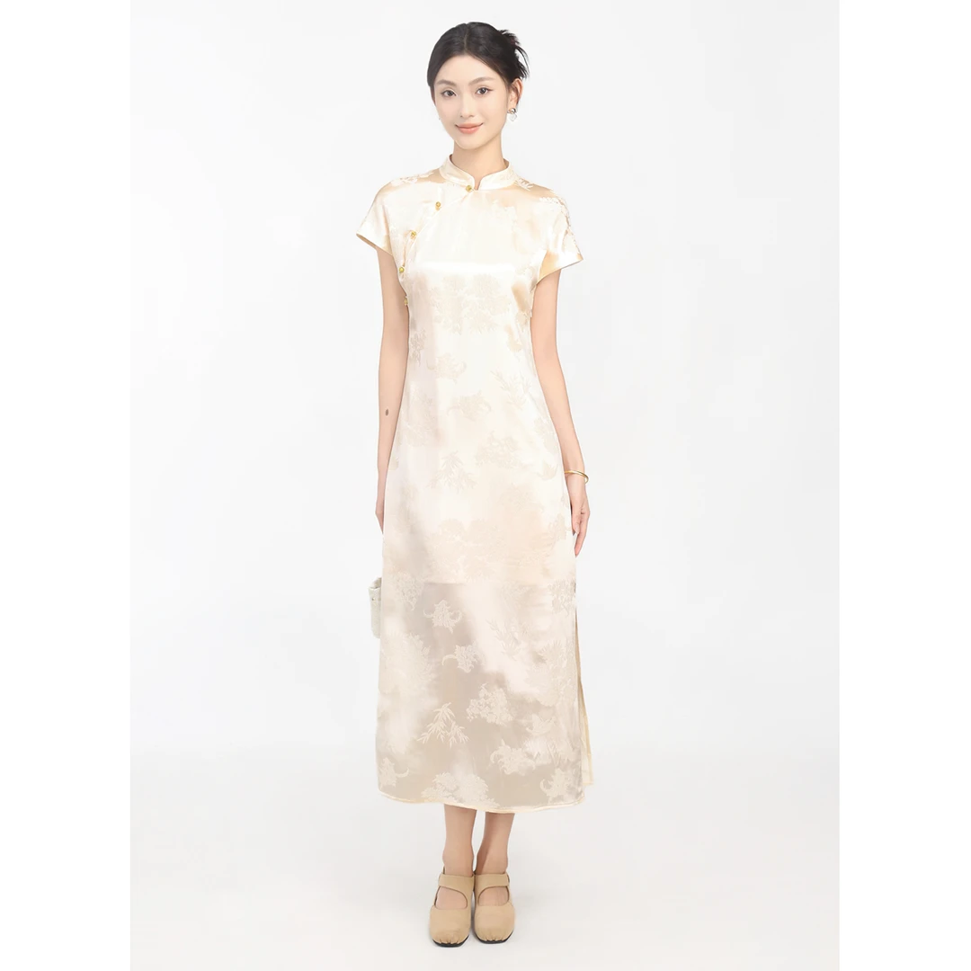 矝羽轩【得闲】新中式桑蚕丝冠乐绉旗袍连衣裙