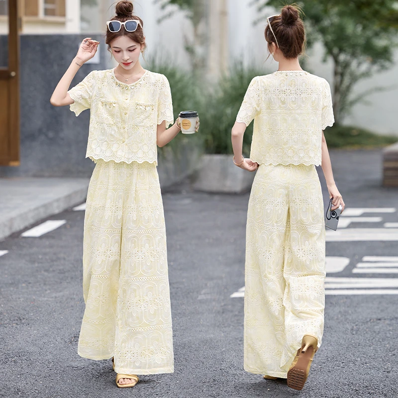 蕾丝两件套装女2025夏季新款时尚显瘦洋气上衣穿搭气质阔腿长裤子