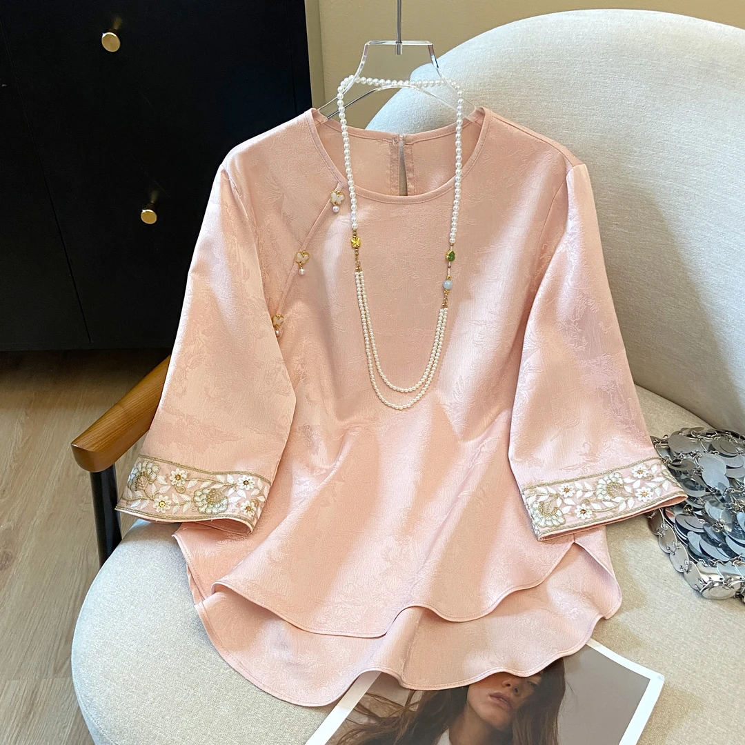 2025新款夏季高端复古国风新中式缎面提花刺绣高级感显瘦气质衬衫