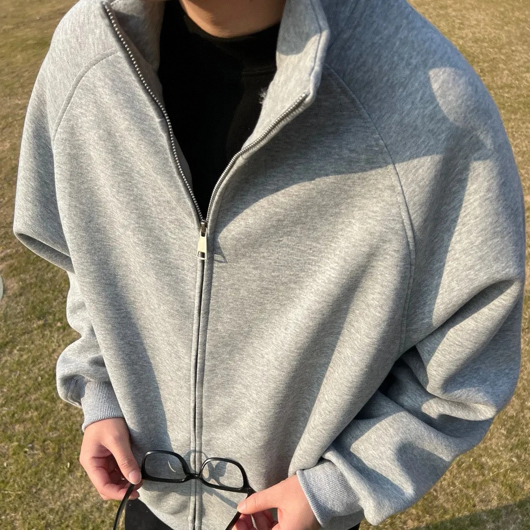 立领开衫春秋男生韩版宽松休闲百搭简约纯色卫衣潮牌双拉链外套男