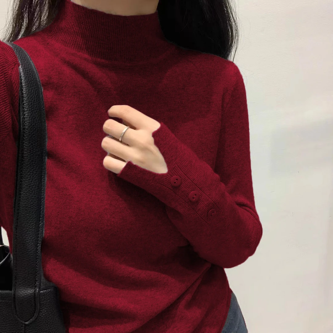 2025秋冬新款半高领羊毛针织打底衫女套头百搭修身设计感红色毛衣