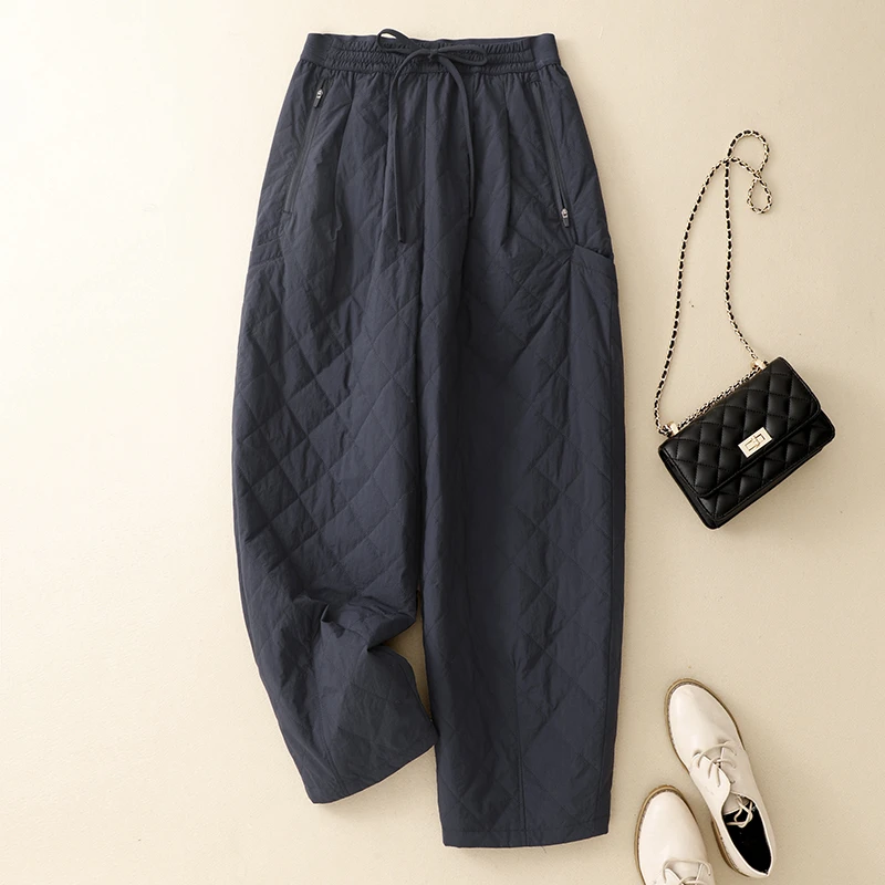 2025冬季新款宽松保暖松紧腰系带棉裤女休闲百搭直筒九分阔腿裤子