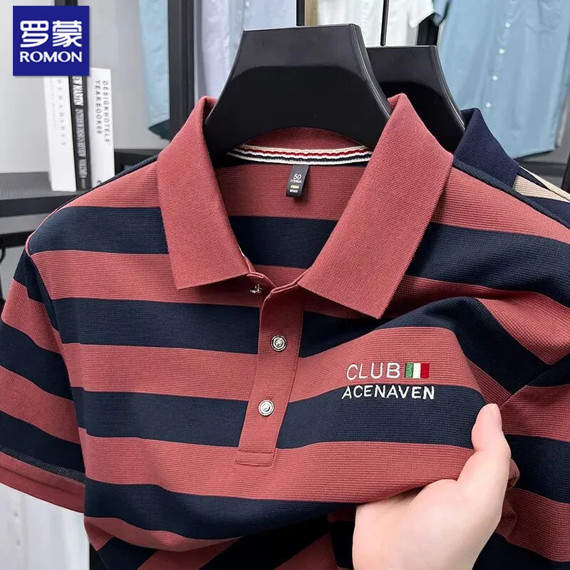 罗蒙男士经典柔软棉质Polo衫夏季宽松条纹刺绣柔罗蒙夏季短袖Polo