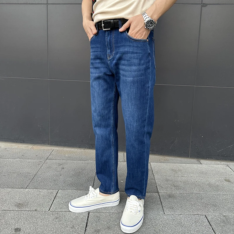 夏季牛仔裤男士九分裤蓝绿色薄款360度弹性高端奢侈品牛仔裤男款