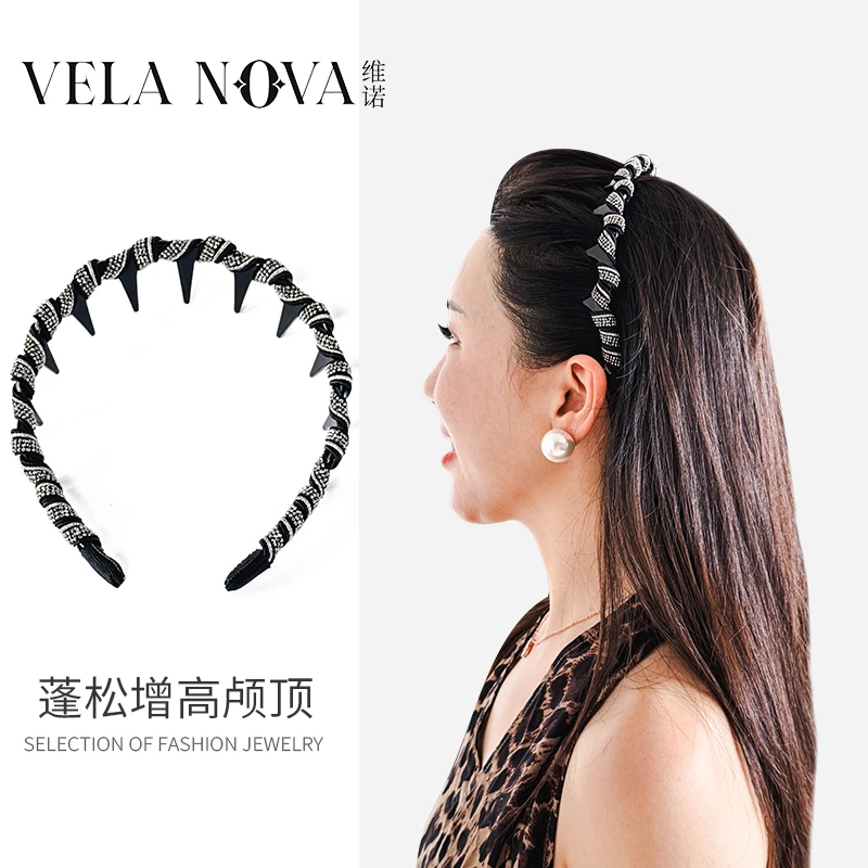 维诺高颅顶头箍发箍手工满钻轻奢王妃发箍日韩百搭黑色款高级时尚