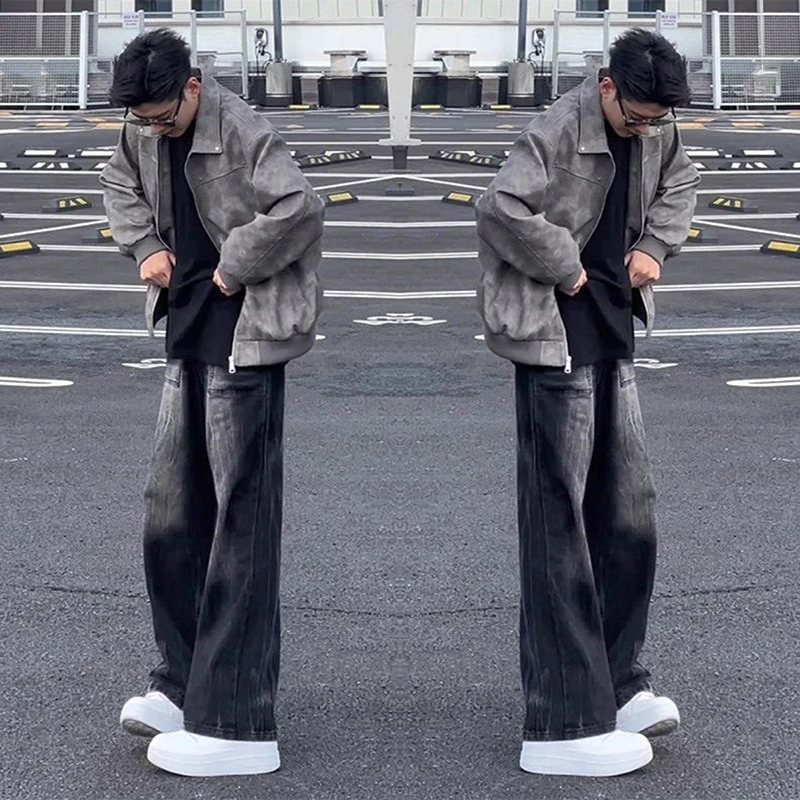 渐变水洗牛仔裤男款春秋宽松显瘦vibe裤子美式高街直筒微喇阔腿裤