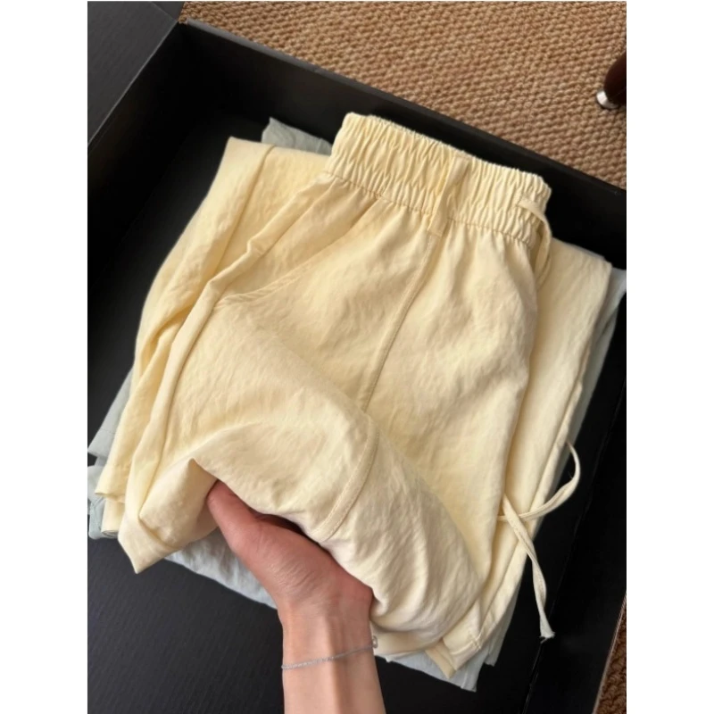 清仓黄色冰丝奶芙山本裤女薄款速干阔腿裤早秋松弛感防晒凉凉裤子