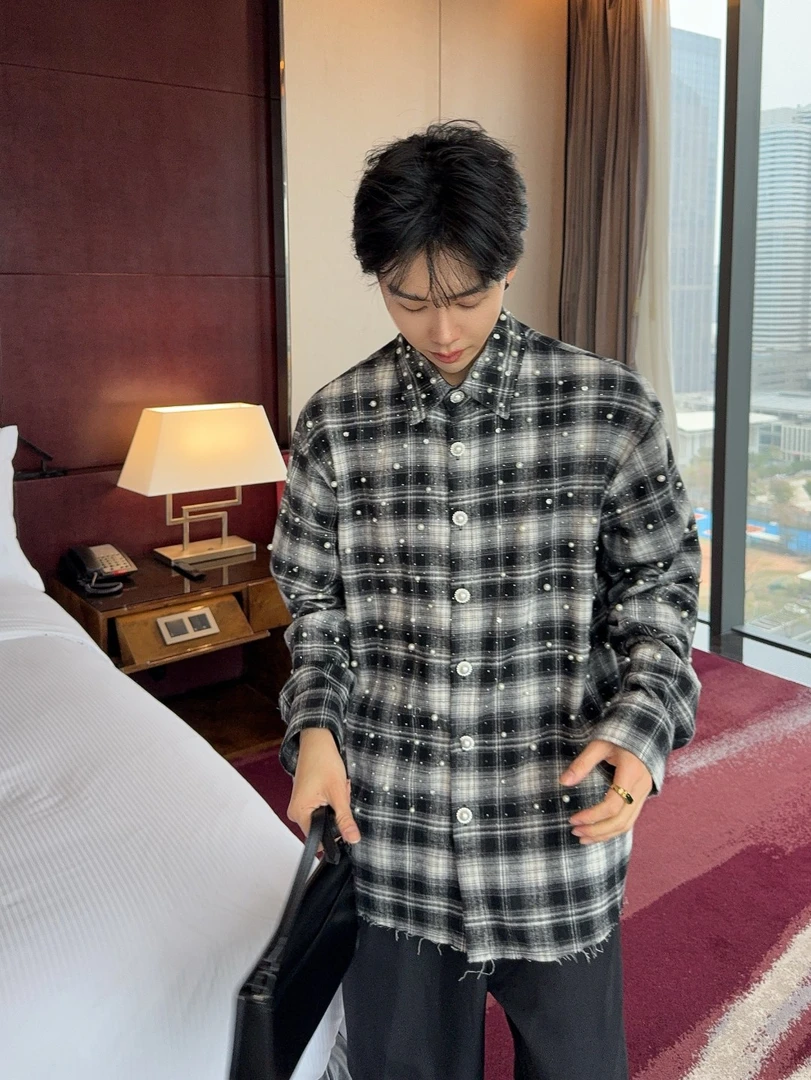 大富2025原创重工烫钻立体订珠格子衬衫男韩版小香风宽松毛边衬衣