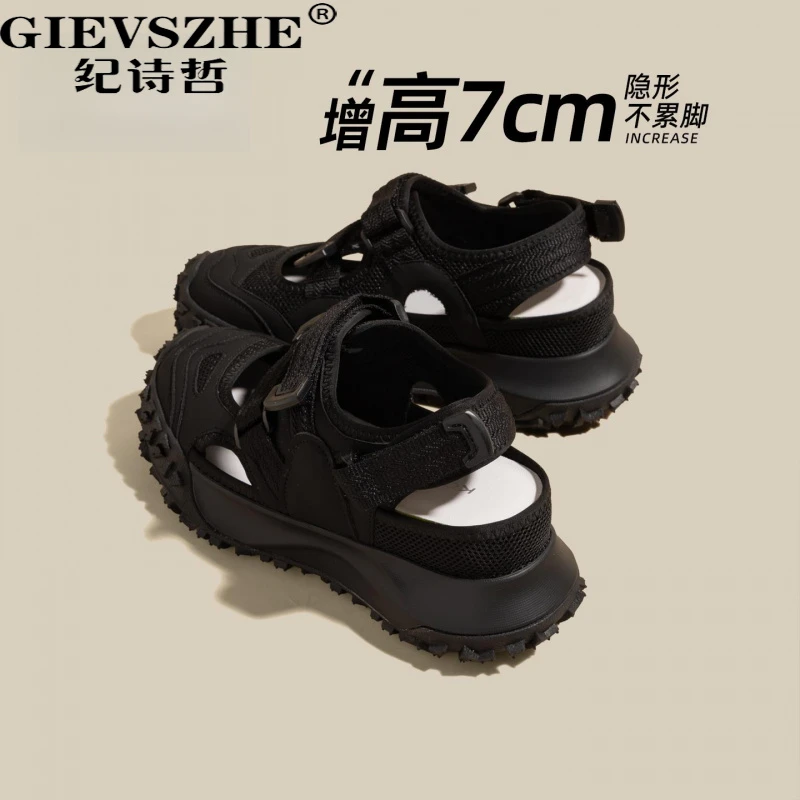 GIEVSZHE/纪诗哲7cm增高沙滩凉鞋女2025新款魔术贴户外运动玛丽珍