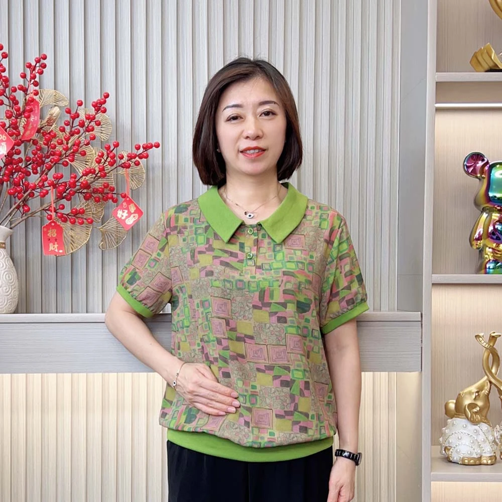 2025夏季新款时尚洋气印花中老年妈妈装减龄显瘦气质翻领短袖T恤