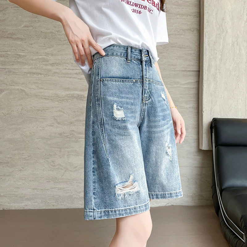 破洞五分牛仔短裤女2025夏季薄款遮肉休闲宽松直筒中裤5分乞丐裤