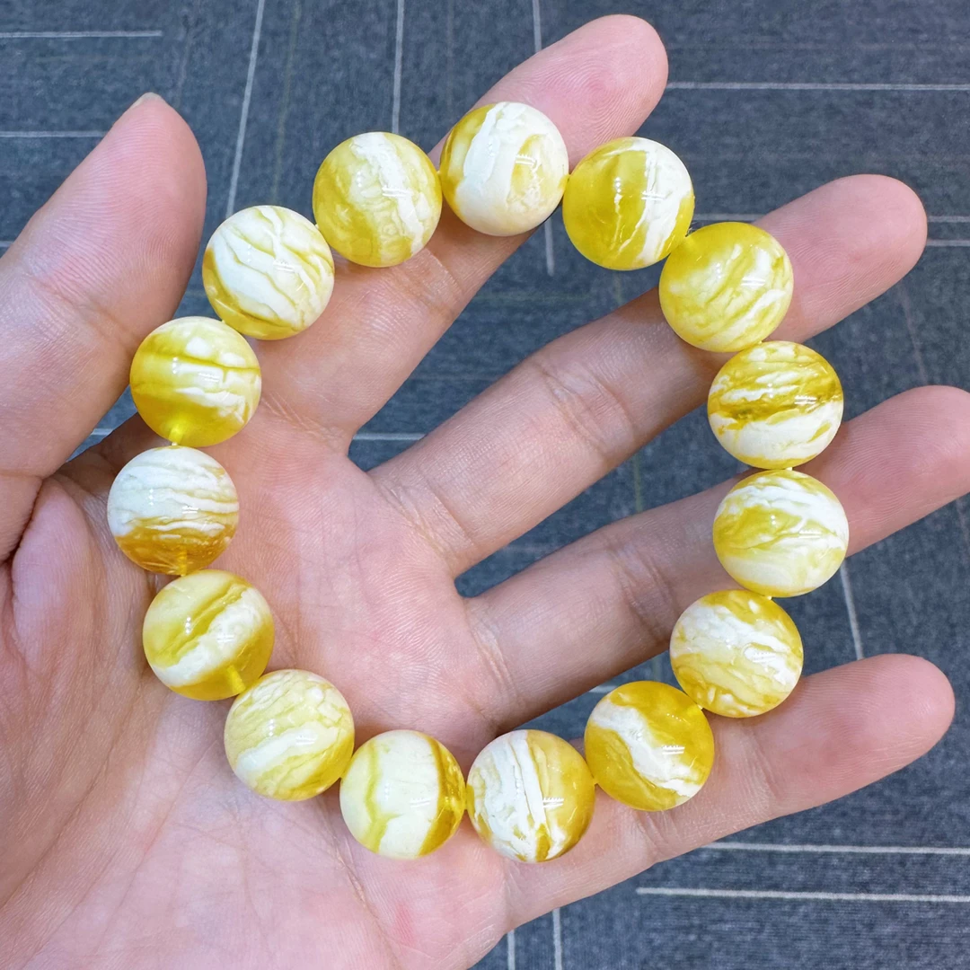 天然俄料琥珀蜜蜡金瓷白虎皮妖花精工圆珠手串