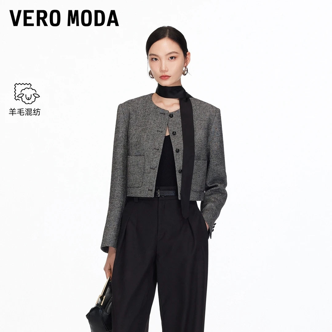 Vero Moda短外套2025秋季新款含绵羊毛圆领双口袋优雅老钱风小众