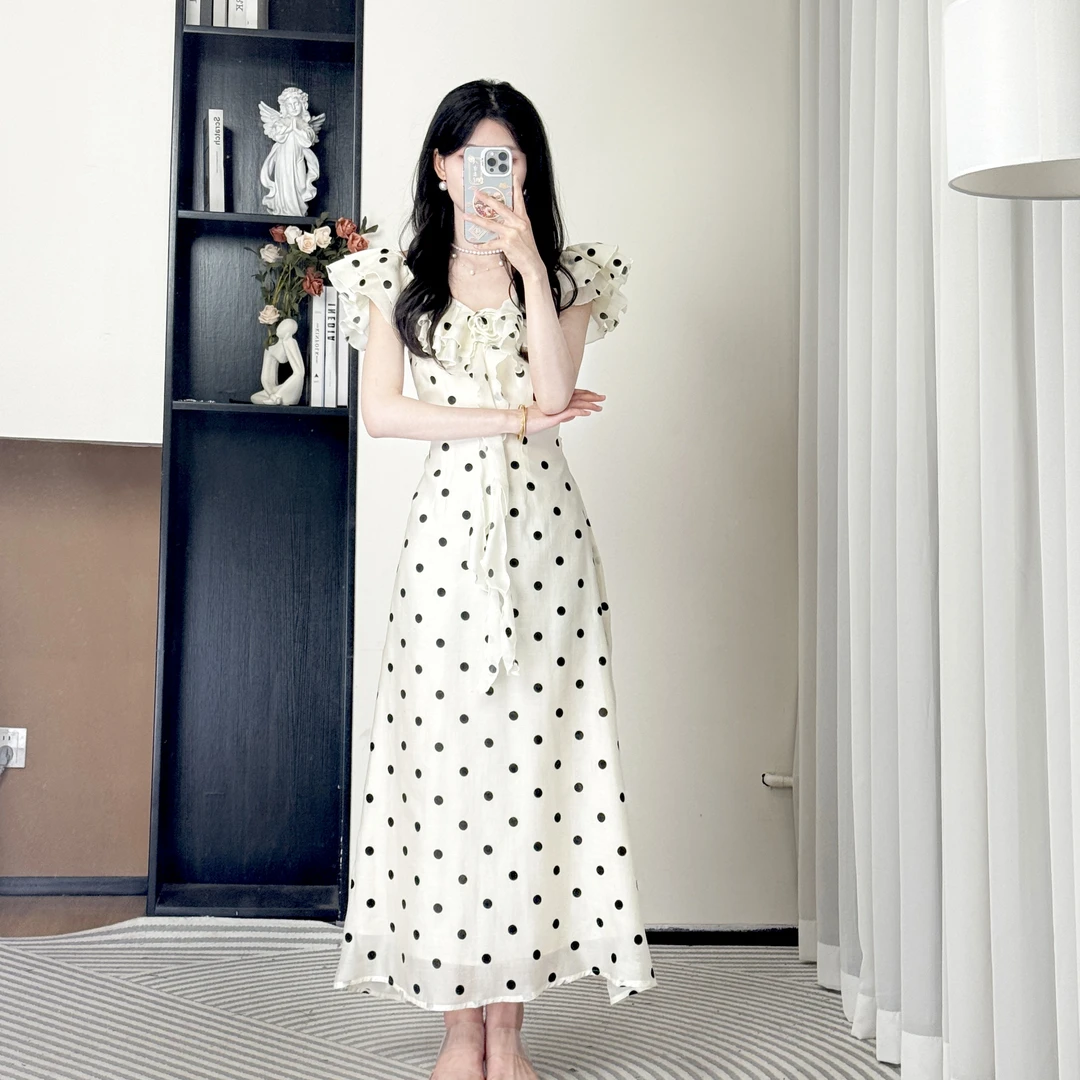 拉夏贝尔25夏法式气质高腰温柔优雅无袖显瘦波点连衣裙 10410 WCK